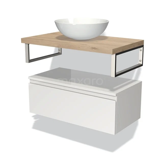 Weißes Badezimmermöbel mit Holzplatte, modernes Waschbecken und Stahl-Details; perfekt für eine stilvolle Badezimmergestaltung.