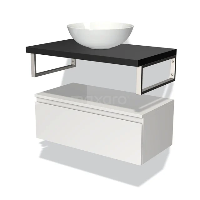 Weiße Waschtischset mit schwarzer Platte, rundem Aufsatzwaschbecken, Metallrahmen und minimalistischem Design, ideal für moderne Bäder.