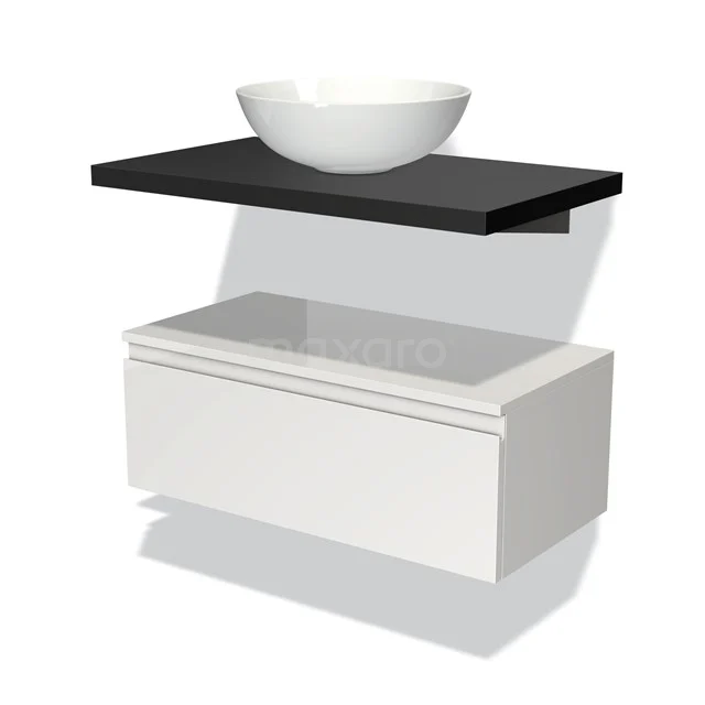 Weißes hängendes Badmöbel mit schwarzer Waschtischplatte und rundem Aufsatzwaschbecken, elegantes Design für moderne Badezimmergestaltung.