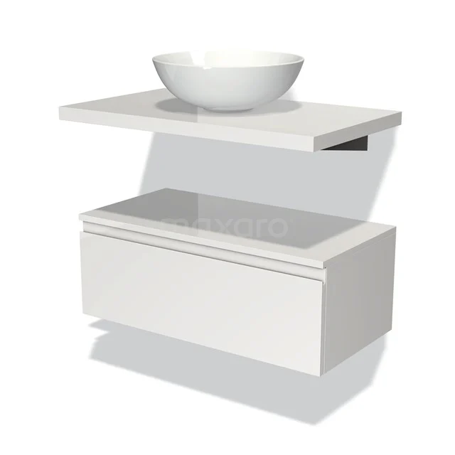 Waschtischunterschrank mit Konsole 80 cm Modulo Plato Hochglanz Weiß 1 Schublade grifflos BMK32-00038 Weiße schwebende Waschbecken-Set mit keramischer Schüssel und Schublade, ideal für eine moderne Badezimmer Einrichtung.