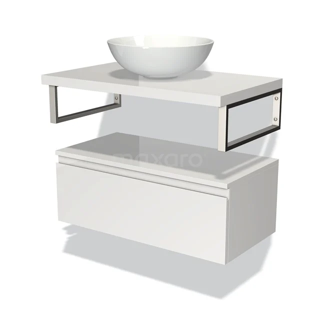 Weißes Badezimmermöbel mit rundem Aufsatzwaschbecken, schwebendem Design und metallischen Akzenten. Perfekt für modern eingerichtete Bäder.