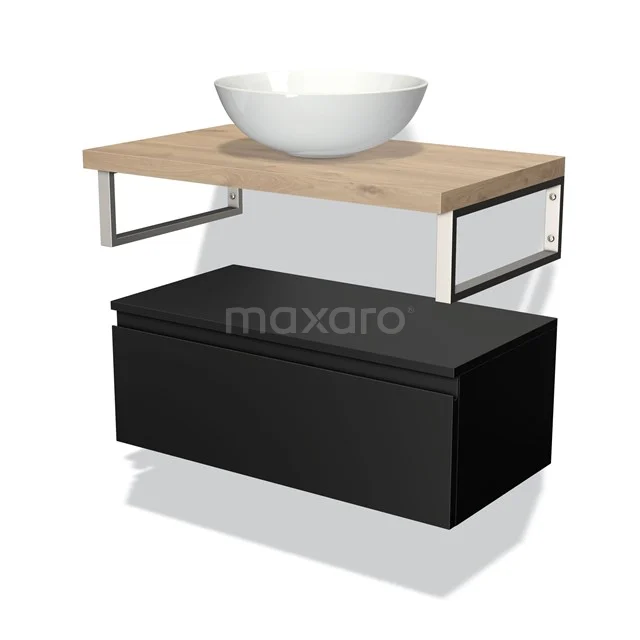 Bathroom furniture set with black lower cabinet, wooden worktop and white bowl-shaped basin; modern design with metal frame.