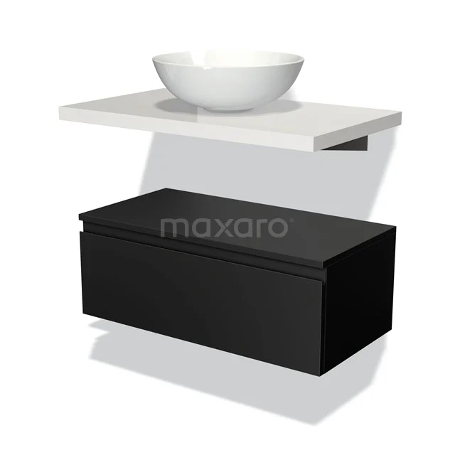 Black and white floating bathroom unit with white basin, sleek design and modern storage drawer suitable for small bathrooms.