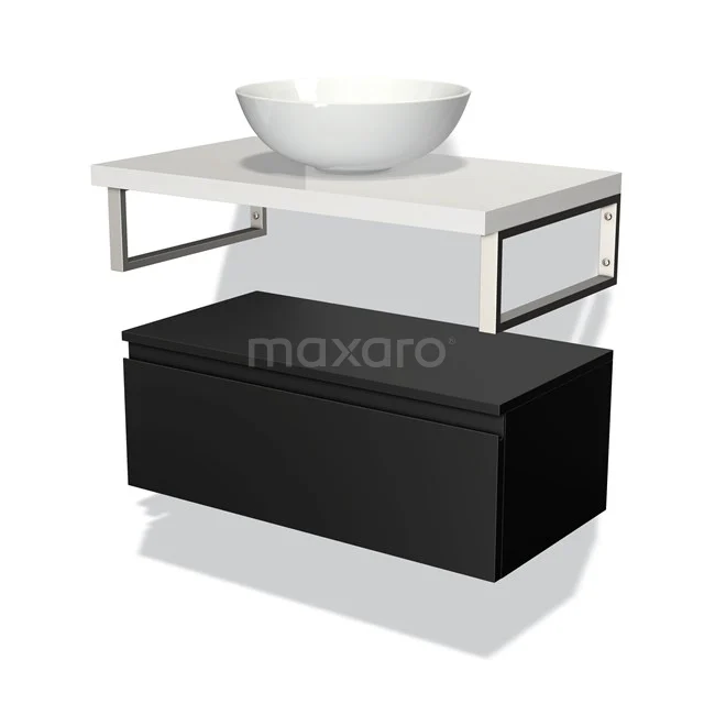 Modern black and white bathroom unit with ceramic bowl-shaped vanity units with basin, metal frame and sleek design.