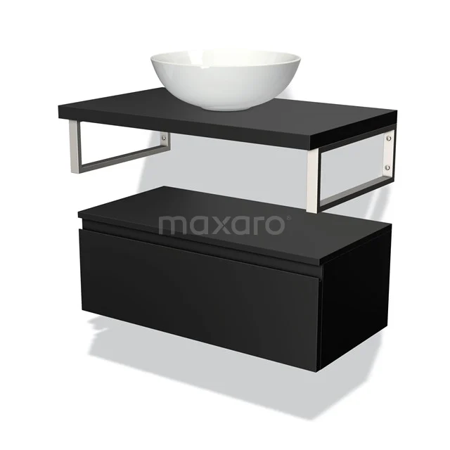 Schwarzes schwebendes Waschbecken-Set mit verchromten Stützen und weißem keramischen Aufsatzwaschbecken, ideal für einen modernen Badezimmerstil.