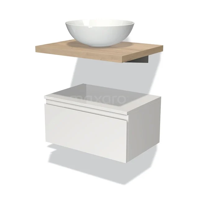 Weißes Badezimmermöbel mit Holzregal und rundem Waschbecken, modernes Design, ideal für kompakte Badezimmergestaltung.