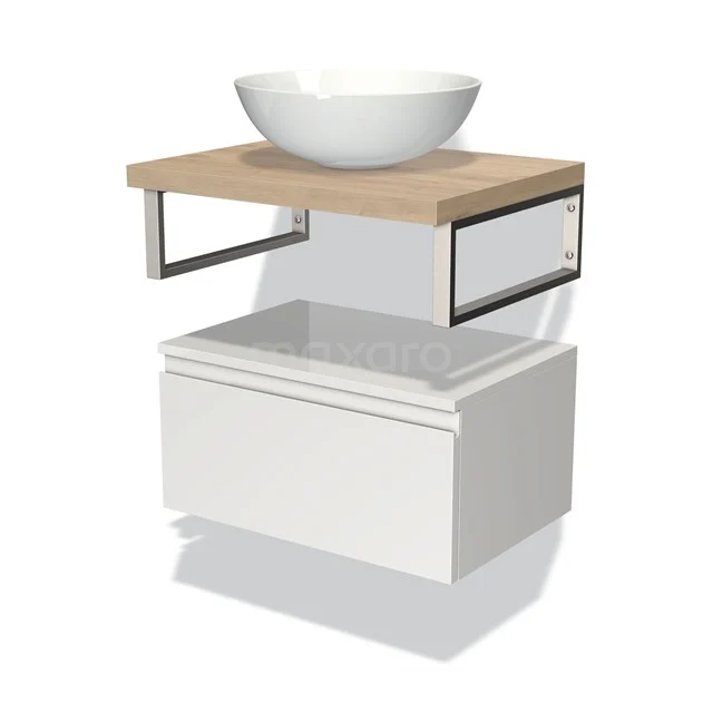 Weißes Badezimmermöbel mit Holzplatte und Aufsatzwaschbecken, modernes Design, einschließlich Metallrahmen und weißer Schublade für Stauraum.