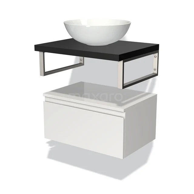 Weißes Badmöbel mit schwarzer Waschtischplatte, keramischem Aufsatzwaschbecken und metallischen Stützen; modernes und kompaktes Design.