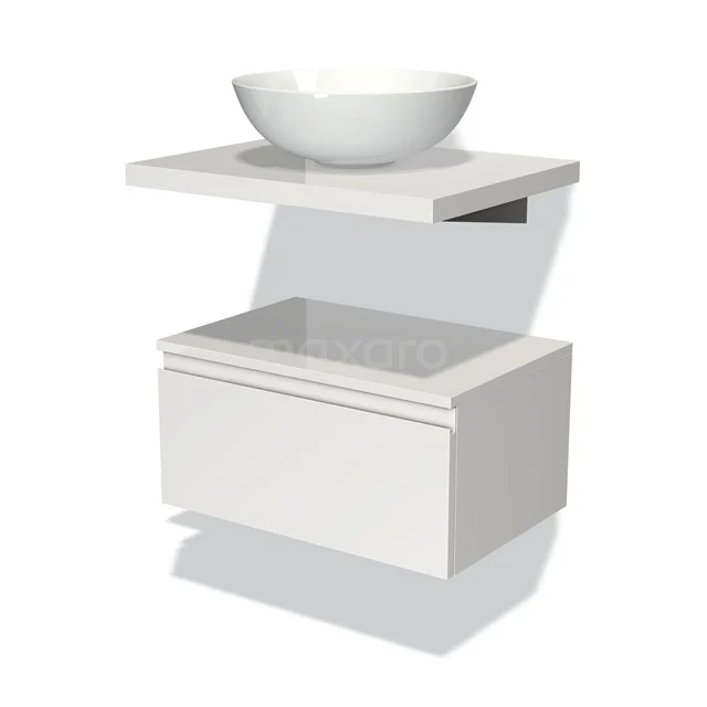 White floating bathroom unit with round basin, minimalist design and storage drawer, perfect for a modern bathroom.