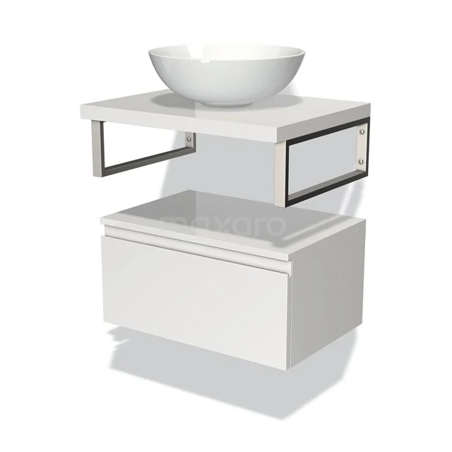 Hochglanz-Badmöbel für Aufsatzwaschbecken 60 cm Modulo Plato Hochglanz Weiß 1 Schublade grifflos BMK32-00023 Weißes schwebendes Badezimmermöbel mit rundem Waschbecken, stilvollen metallischen Akzenten und modernem Schubfach. Perfekt für ein minimalistisches Badezimmer.