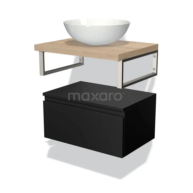 Moderne Badmöbelset mit Schwarz Ladeblock, Holz Waschtischplatte und weißen Aufsatzwaschbecken, perfekt für stilvolle Badezimmer Renovierung.