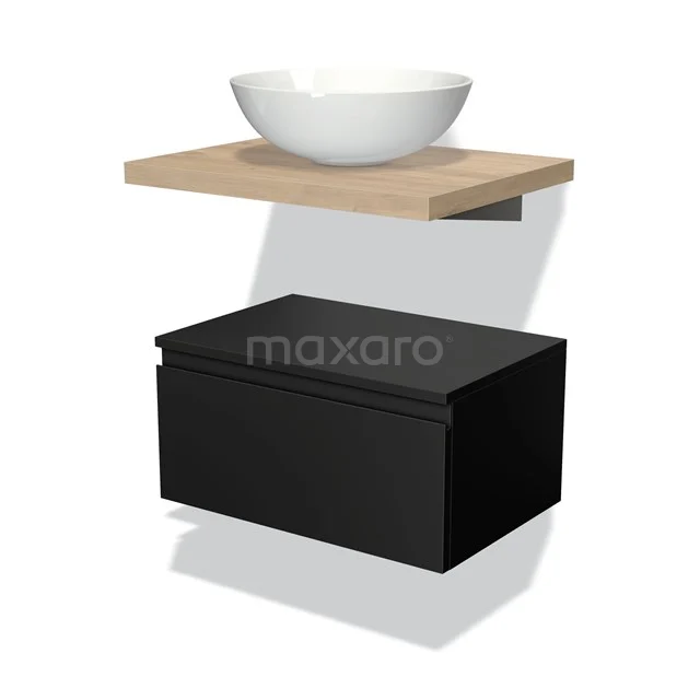 Basin with white bowl, wood-coloured shelf and black drawers, ideal for modern bathroom design.