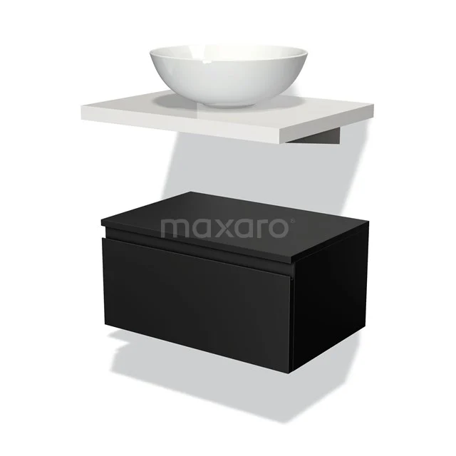 Black suspended bathroom unit with white bowl-shaped basin, sleek design and minimalist shelf.