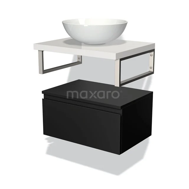 Badmöbel für Aufsatzwaschbecken 60 cm Modulo Plato Matt Schwarz 1 Schublade Grifflos Hochglanz Weiß Platte BMK32-00019 Schwarz-weiße Badmöbelset mit modernem Design, einschließlich weißem Waschbecken und Aufbewahrungsschrank aus robustem Material.