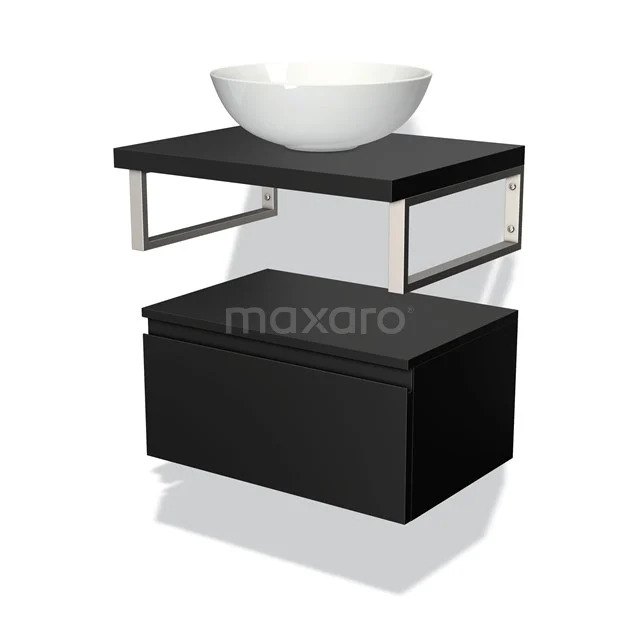 Black and white bathroom furniture set with ceramic basin, black metal frame and storage drawer. Modern design for stylish bathrooms.