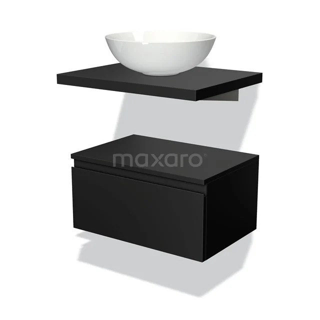 Black wash basin set with matte black shelf, white round countertop wash basin and minimalist base cabinet, perfect for a modern bathroom.