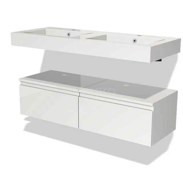 Wit badkamermeubel met dubbele wastafel en glanzende afwerking, modern design met ruime opbergmogelijkheden.