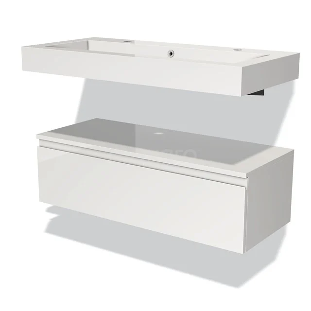 Wit badkamermeubel met geïntegreerde wastafel, strakke vormgeving en soft-close lade voor moderne badkamer inrichting.