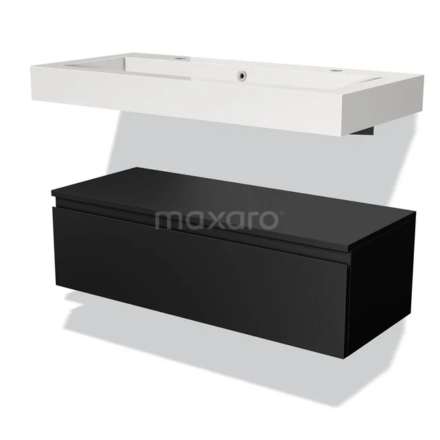 Modern black Bathroom cabinet with white basin, sleek design, ideal for stylish and functional bathroom fittings.