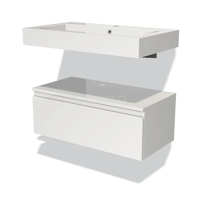 Wit hangend badkamermeubel met keramische wastafel en lade, modern minimalistisch design uit de Premium Line-serie.