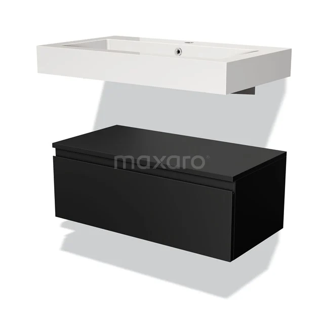 Black bathroom unit with drawers and white sink, sleek design, ideal for a modern bathroom style.