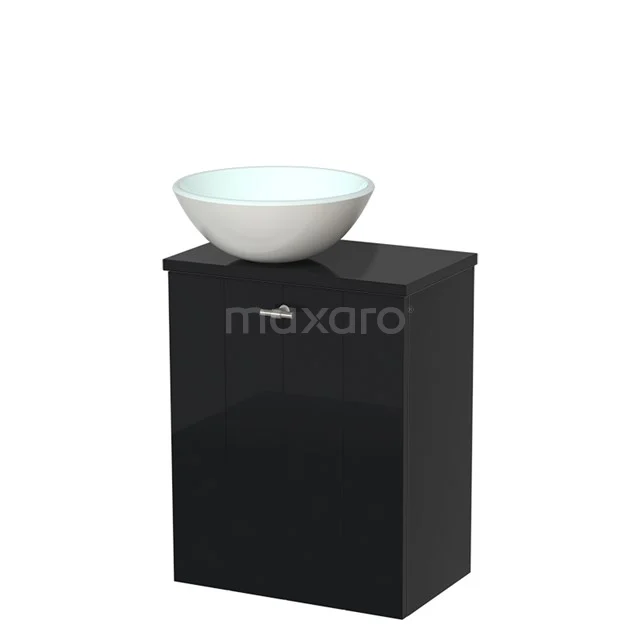 Black bathroom cabinet with white ceramic countertop wash basin, modern glossy finish, ideal for stylish bathroom design.
