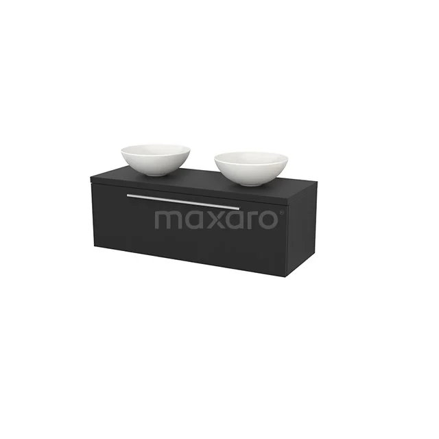 Schwarze Badmöbelset mit doppelten Aufsatzwaschbecken, modernes Design und klare Linien, perfekt für einen modernen Badezimmerstil.