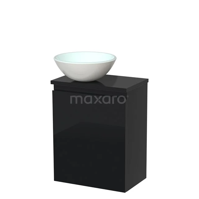 Toiletmeubel met waskom | 41 cm Hoogglans zwart Greeploos front Mat wit Glas waskom Hoogglans zwart blad TMK10-00080