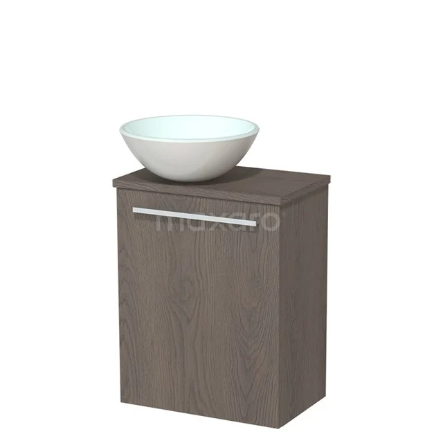 Toilet unit with wash basin | 41 cm Dark brown oak Flat front Matte white Countertop wash basin Dark brown oak worktop Frosted glass TMK10-00129 Wooden bathroom cabinet with drawers, modern grey finish, white ceramic countertop wash basin on top, ideal for compact spaces.