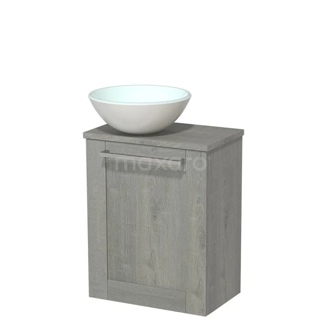 Grey wooden bathroom cabinet with integrated white countertop wash basin, compact design, ideal for modern bathrooms.