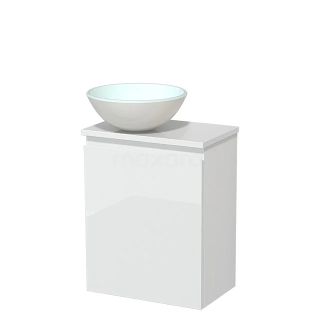 White bathroom unit with ceramic countertop wash basin, sleek design and glossy finish for modern bathrooms.