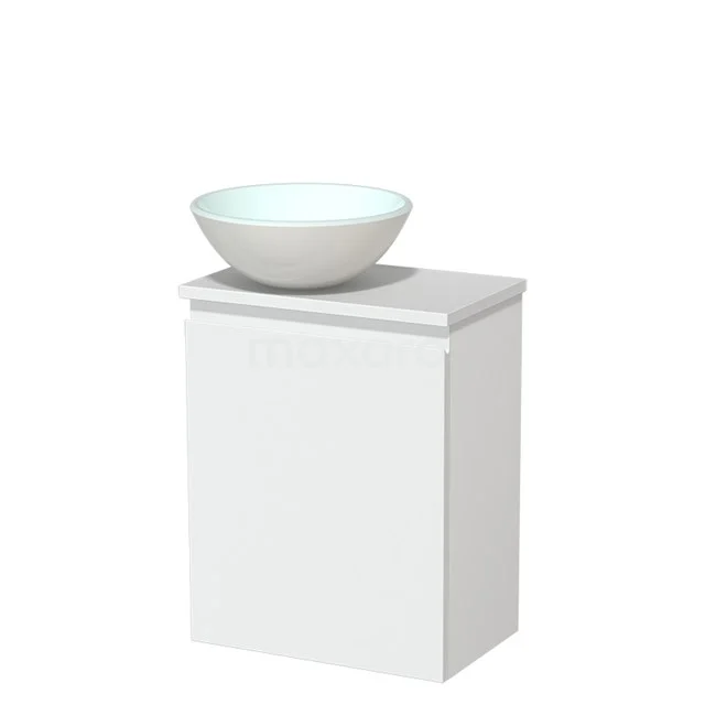 Toilet unit with wash basin | 41 cm Matte white Handleless front Matte white Glass countertop wash basin Matte white worktop TMK10-00213 White wooden bathroom cabinet with integrated basin, modern look, ideal for compact bathrooms.