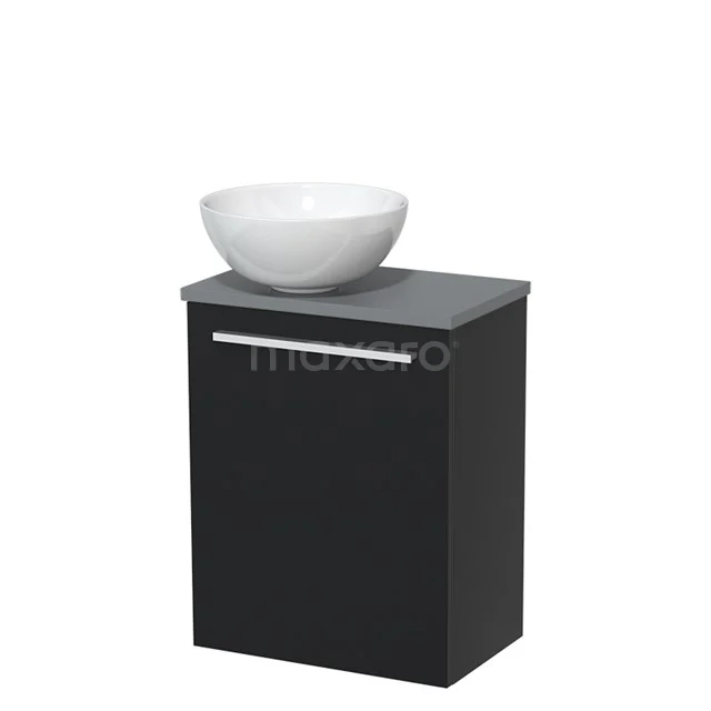 Black bathroom cabinet with white ceramic countertop wash basin, modern design of the Fusion series, ideal for compact bathrooms.