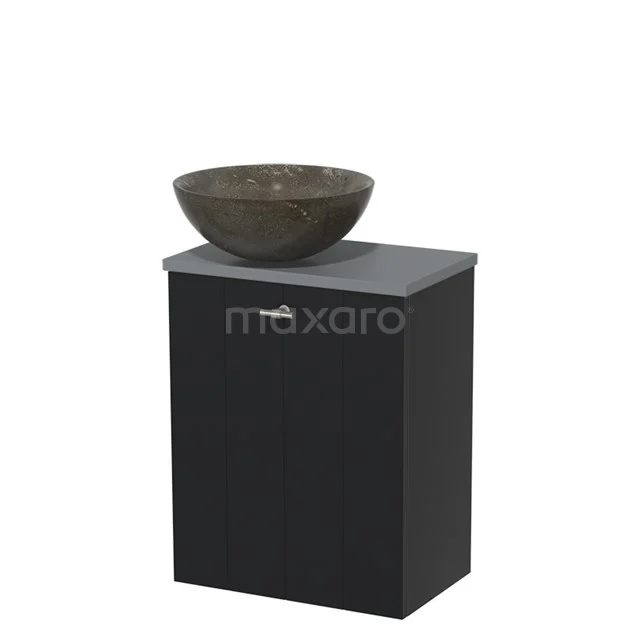 Toiletmeubel met waskom | 41 cm Mat zwart Lamel front Blue stone Natuursteen waskom Middengrijs blad TMK10-00259