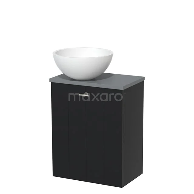 Black bathroom cabinet with grey worktop and white round basin, ideal as a stylish washbasin for modern bathrooms.