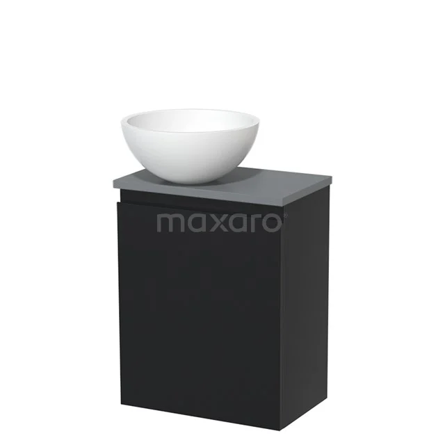 Black bathroom cabinet with a round white countertop wash basin and grey top plate, ideal for a modern bathroom design.