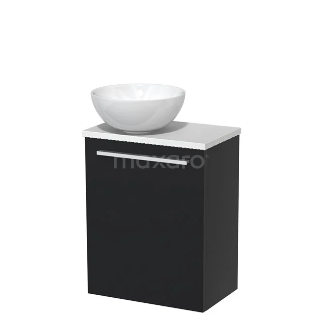 Schwarz Badmöbel mit weißem Aufsatzwaschbecken, elegantes Design, geeignet für moderne Bäder.