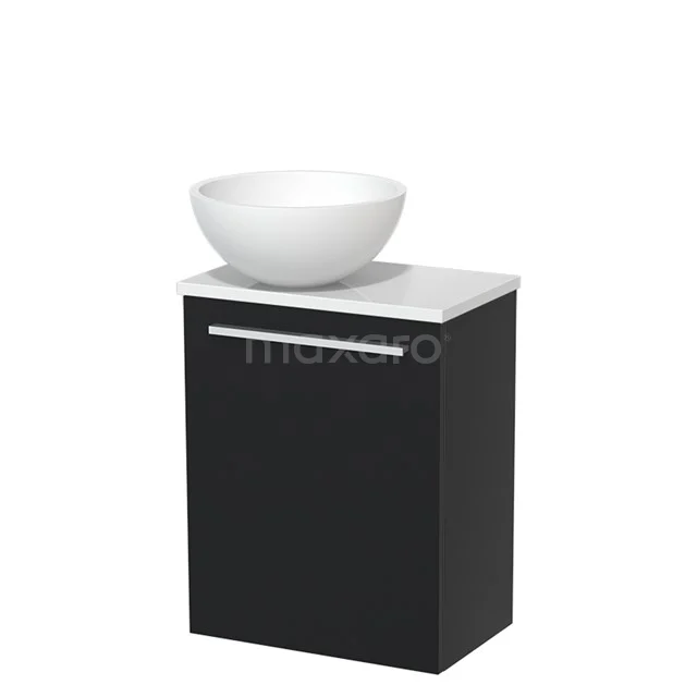 Schwarzes Badmöbel mit weißem keramischen Aufsatzwaschbecken, schlichtes Design und silbernem Haltegriff, perfekt für moderne Bäder.