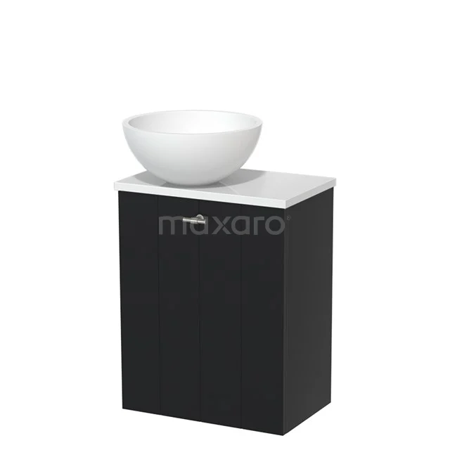 Schwarzer Badschrank mit weißem keramischen Waschbecken, schlankes Design, ideal für moderne Bäder.