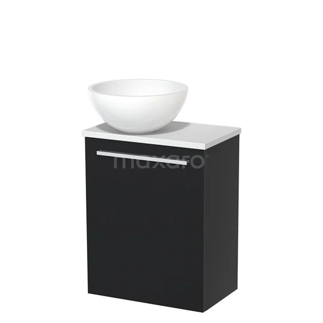 Schwarz minimalistisches Badmöbel mit weißem keramischen Aufsatzwaschbecken, ideal für eine moderne Badezimmer Einrichtung.