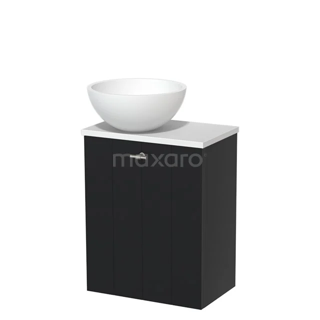 WC-Möbel mit Aufsatzwaschbecken | 41 cm Matt Schwarz Lamellenfront Matt Weiß Solid Surface Aufsatzwaschbecken Matt Weiß Platte TMK10-05048 Schwarz Badmöbel mit weißem Waschbecken aus Keramik, kompakt und modernes Design, ideal für kleine Bäder.