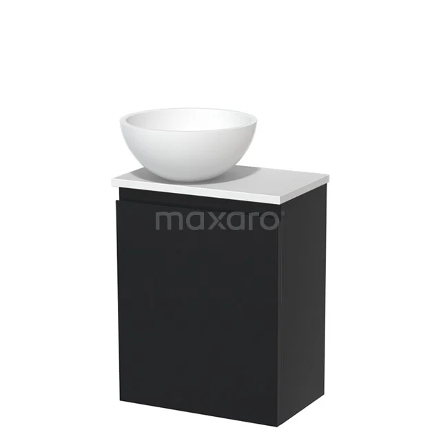 Toilet unit with wash basin | 41 cm Matte black Handleless front Matte white Solid surface wash basin Matte white worktop TMK10-00311 Black bathroom cabinet with white ceramic basin, compact design and modern finish for a stylish bathroom layout.