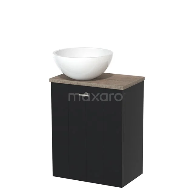 Toiletmeubel met waskom | 41 cm Mat zwart Lamel front Hoogglans wit Mineraalmarmer waskom Eiken blad TMK10-00360