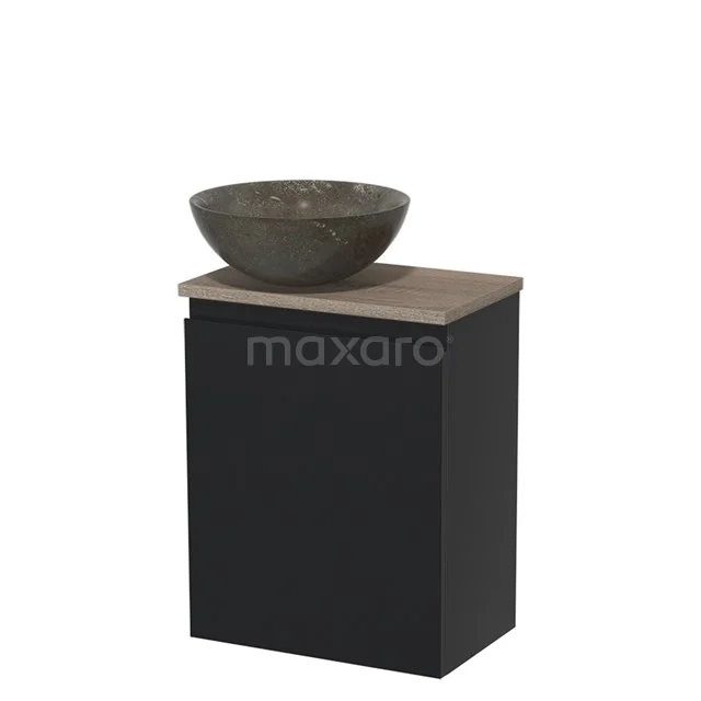 Toiletmeubel met waskom | 41 cm Mat zwart Greeploos front Blue stone Natuursteen waskom Eiken blad TMK10-05111