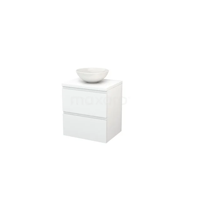 White bathroom unit with two drawers and ceramic countertop wash basin, modern design, compact size ideal for small bathrooms.