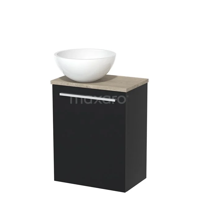 Schwarzer Badschrank mit Holzlook Platte und weißem Aufsatzwaschbecken; modernes Design, ideal für stilvolle Badezimmerlagerung.