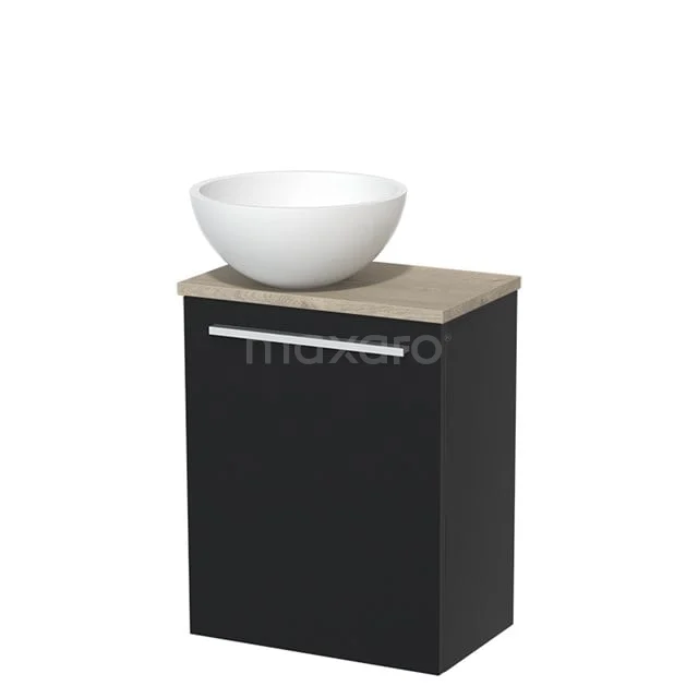 Schwarz Badmöbel mit Holzlook Platte und weißem Porzellan Aufsatzwaschbecken, kompaktes Design, ideal für moderne Bäder.