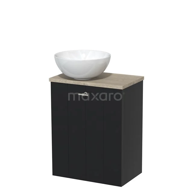 Schwarzes Badmöbel mit Holzlook Platte und weißem keramischen Aufsatzwaschbecken, modernes und kompaktes Design für kleine Bäder.