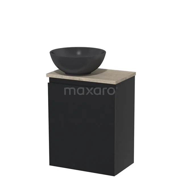 Toiletmeubel met waskom | 41 cm Mat zwart Greeploos front Mat zwart Quartz waskom Lichtgrijs eiken blad TMK10-05134