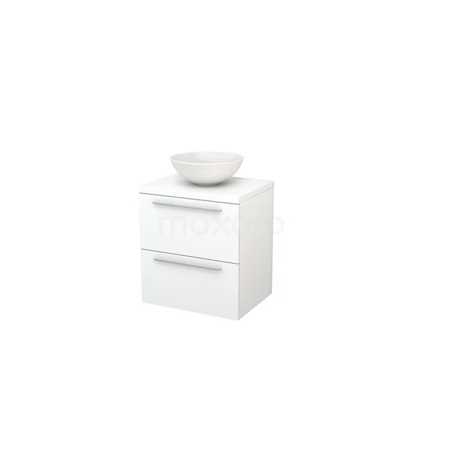 White bathroom cabinet with two drawers and integrated basin, made of high-gloss white material for a modern look.